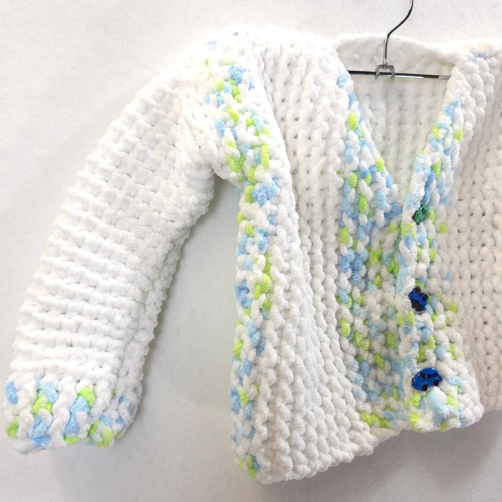Handmade Cardigan Car Buttons White Blue Green Boys 2T-3T Cozy Knit Chenille